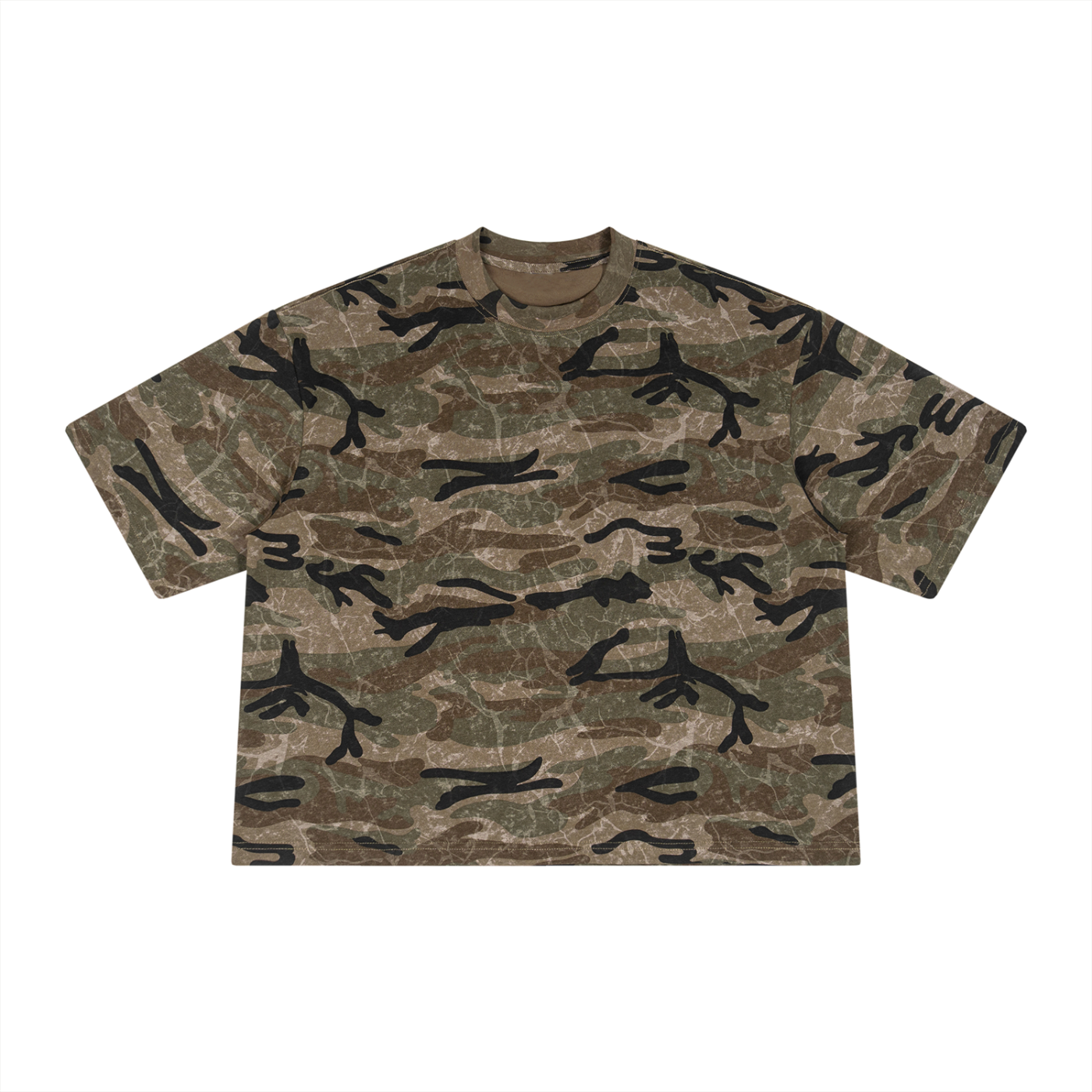 Dear Anxiety, God's Bigger Unisex Boxy Camo T-Shirt (Print on Back)