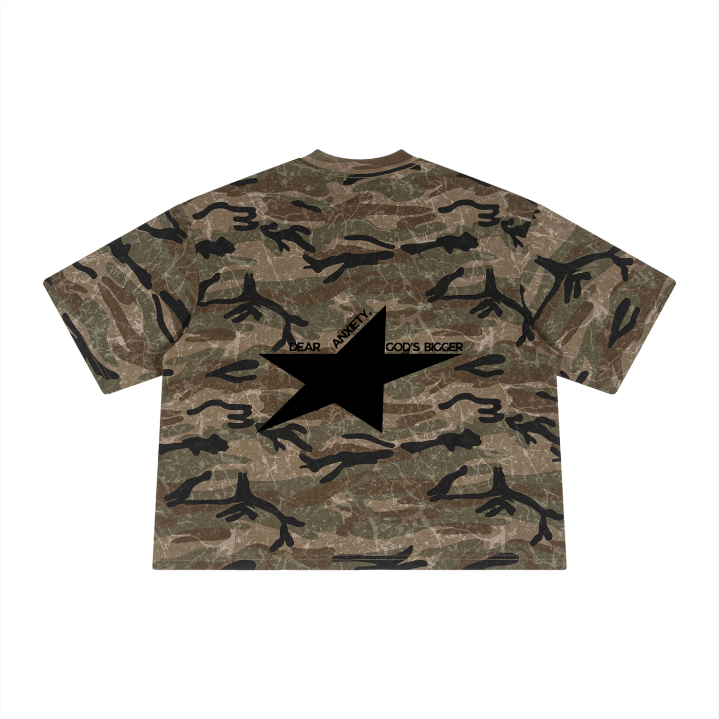 Dear Anxiety, God's Bigger Unisex Boxy Camo T-Shirt (Print on Back)