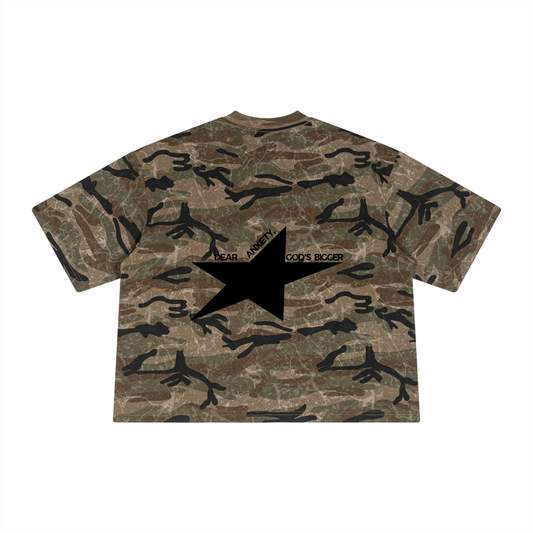 Dear Anxiety, God's Bigger Unisex Boxy Camo T-Shirt (Print on Back)