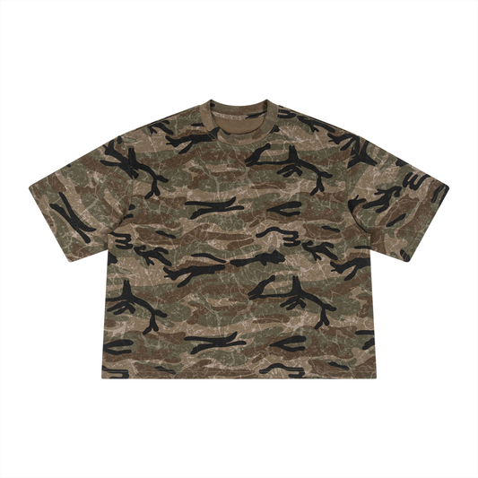 Dear Anxiety, God's Bigger Unisex Boxy Camo T-Shirt (Print on Back)