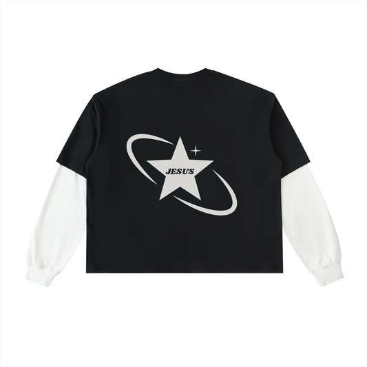 Jesus Layered Contrast Sleeve Cotton T-Shirt