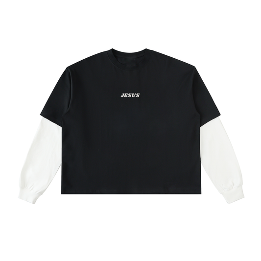 Jesus Layered Contrast Sleeve Cotton T-Shirt